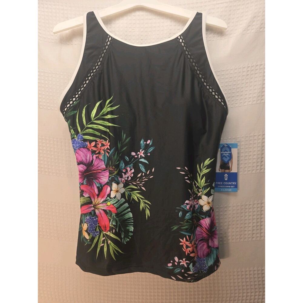 Free Country Sz XXL Tankini Top Swimsuit Floral Beach Eyelet Removable Pads 8454 - Picture 3 of 9